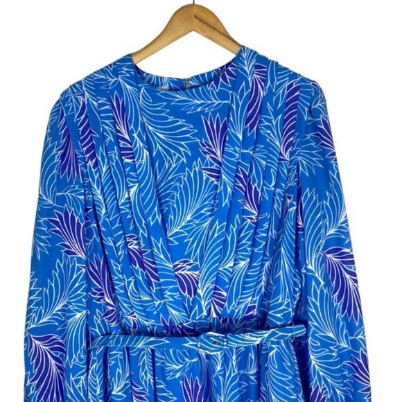 MISSY HOUSE Vintage Blue Floral Hibiscus Pleated Front Belted Dress US 17-18 - Picture 3 of 14